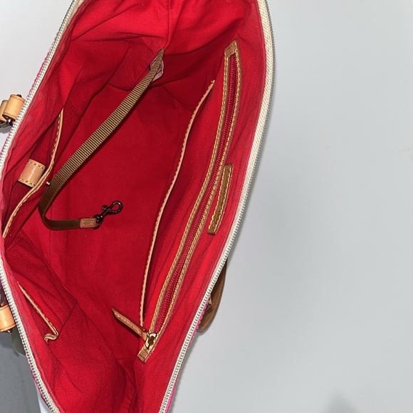 Dooney & Bourke large pink & white polka dots tote w/leather straps and trim. - Picture 8 of 9